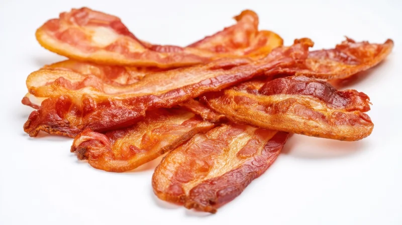 Crispy bacon strips arranged in a pile on a white background