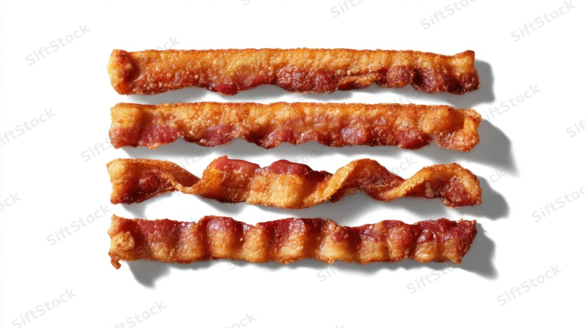 Four strips of crispy golden bacon arranged horizontally on a white background