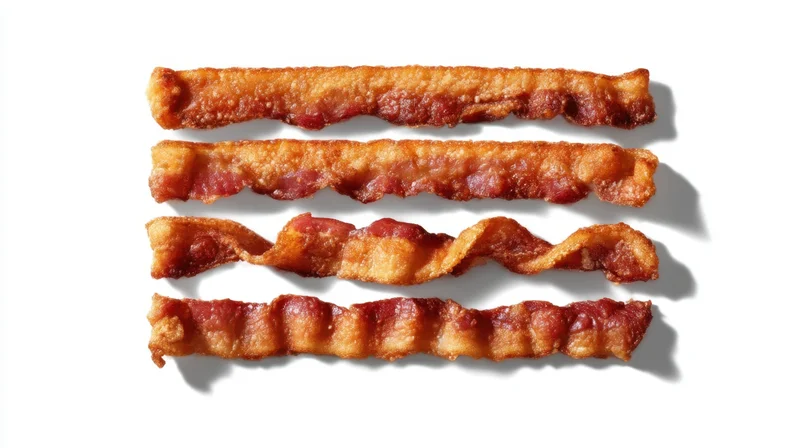 Four strips of crispy golden bacon arranged horizontally on a white background
