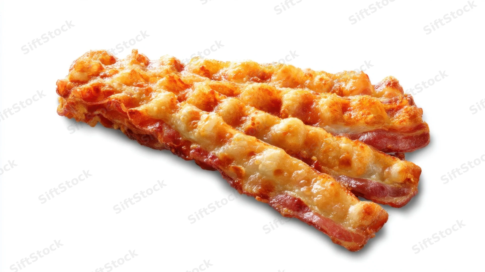 Three strips of crispy golden bacon on a white background