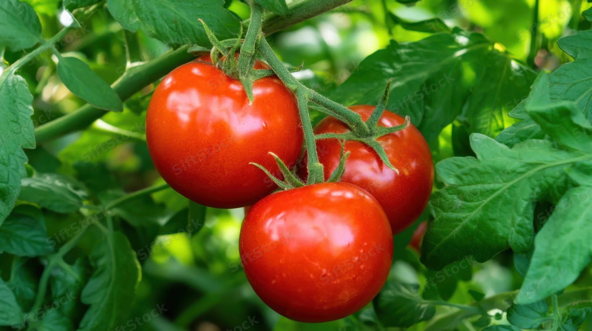 Ripe red tomatoes hanging on a vine in a lush green garden
