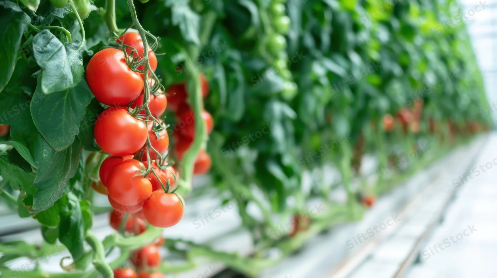 Ripe red tomatoes hanging on vines in a greenhouse row