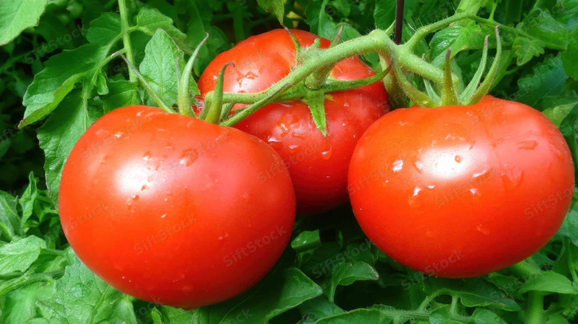 Ripe red tomatoes growing on a vine in a lush green garden
