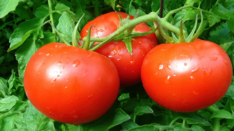 Ripe red tomatoes growing on a vine in a lush green garden