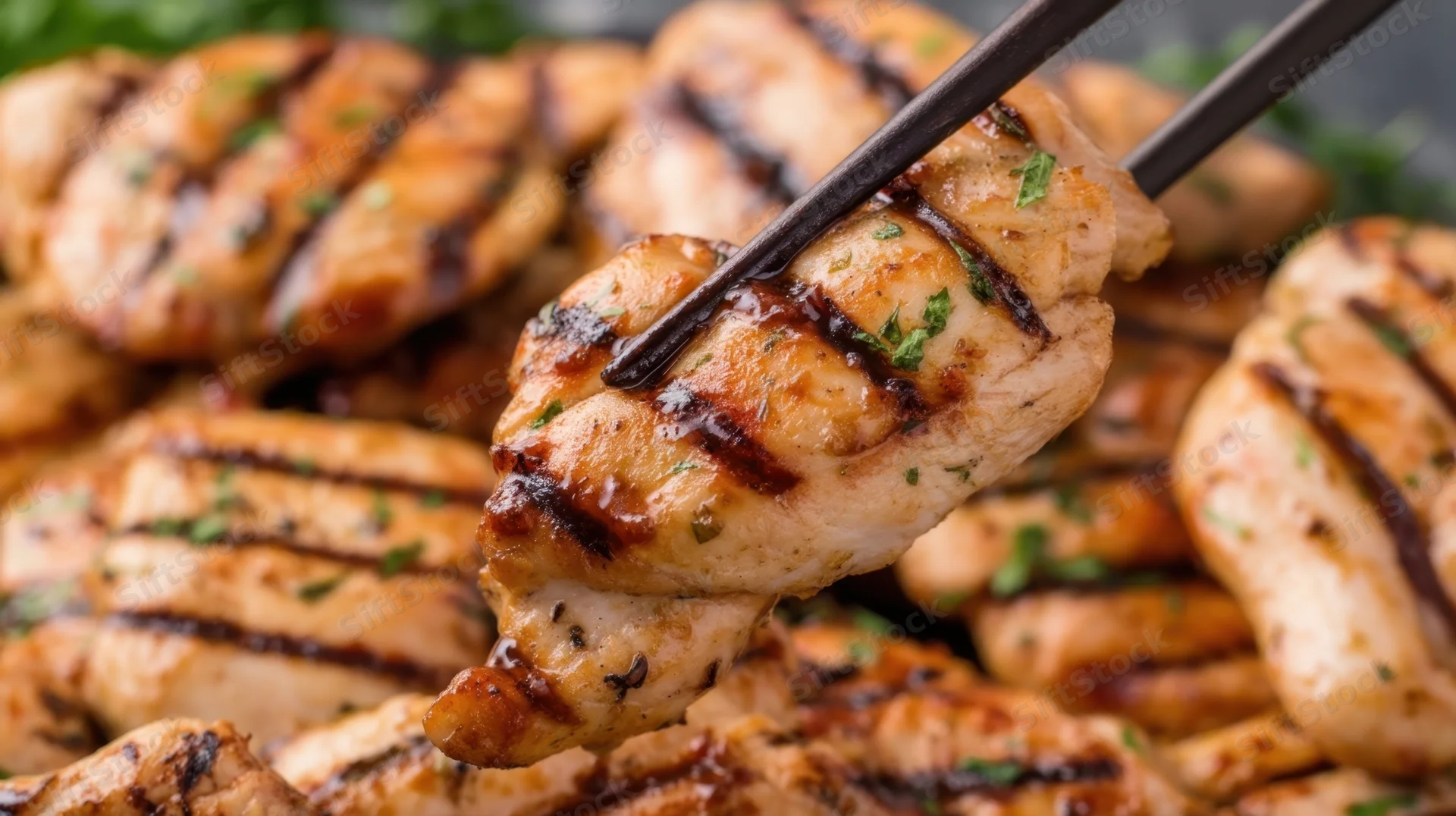 Grilled chicken pieces held by chopsticks over a pile of similar pieces