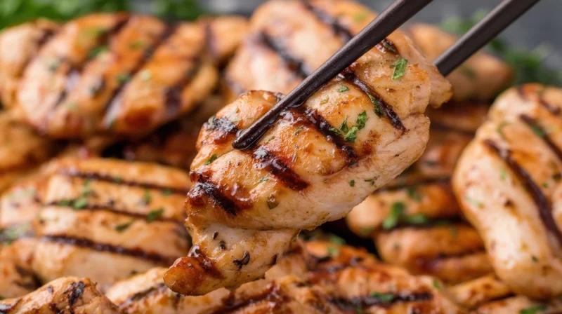 Grilled chicken pieces held by chopsticks over a pile of similar pieces