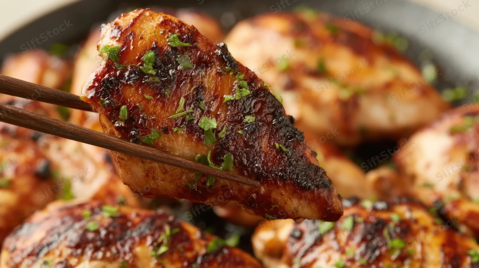 Grilled chicken pieces held by chopsticks in a skillet