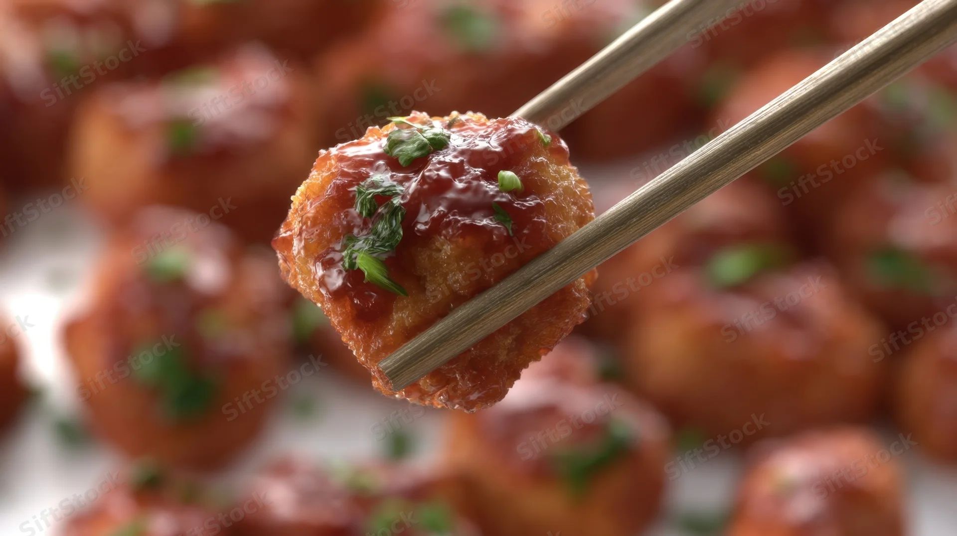 Chopsticks holding a glazed meatball garnished with parsley above more meatballs on a plate