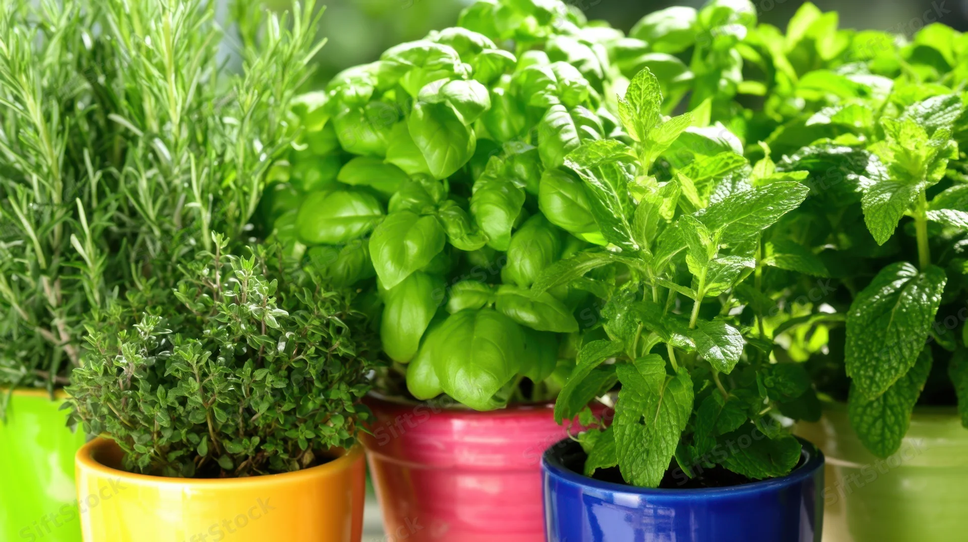 Vibrant potted herbs including basil, mint, rosemary and thyme in colorful ceramic pots on a garden surface