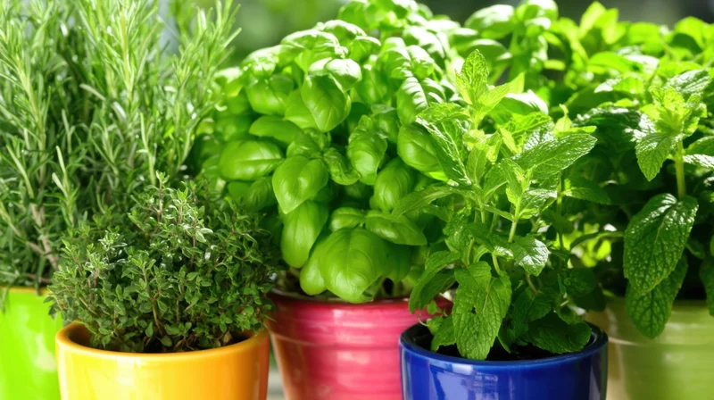 Vibrant potted herbs including basil, mint, rosemary and thyme in colorful ceramic pots on a garden surface