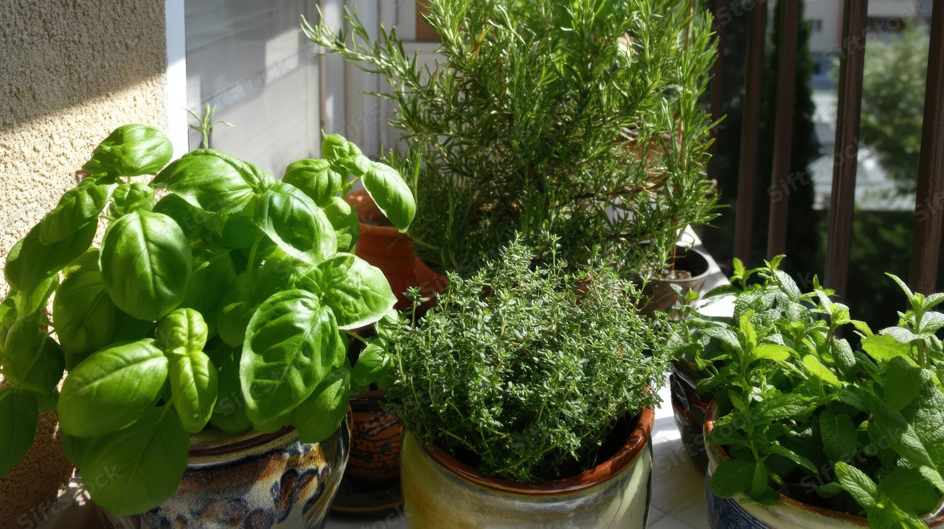 Potted herbs including basil, rosemary, thyme and mint arranged on a sunlit balcony