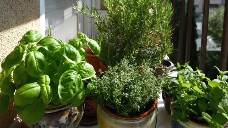 Potted herbs including basil, rosemary, thyme and mint arranged on a sunlit balcony