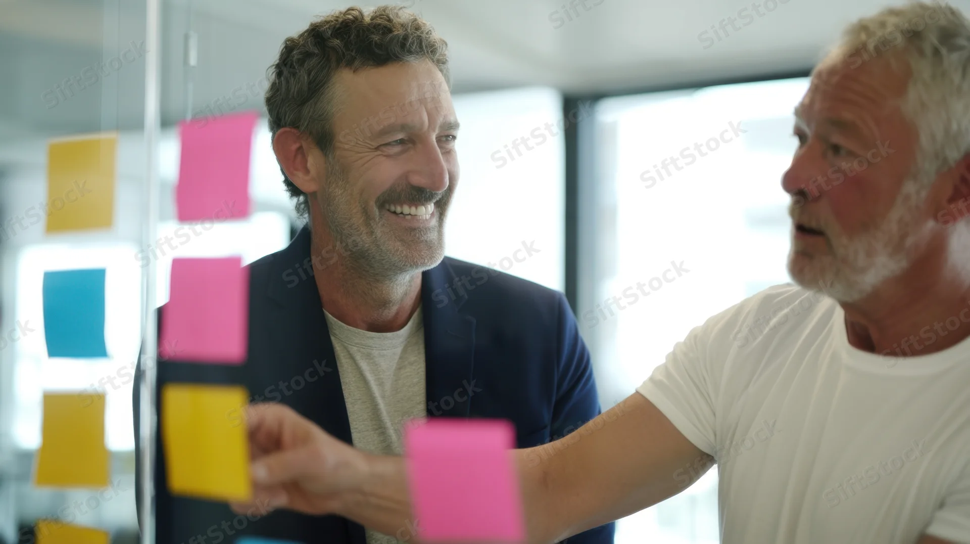 Two men collaborating on a glass wall with sticky notes in an office