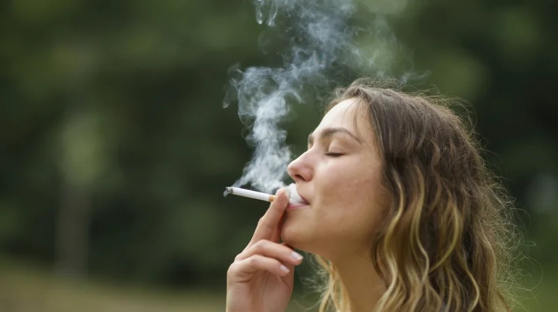 Woman in side profile smoking a cigarette outdoors with smoke rising in front of green foliage