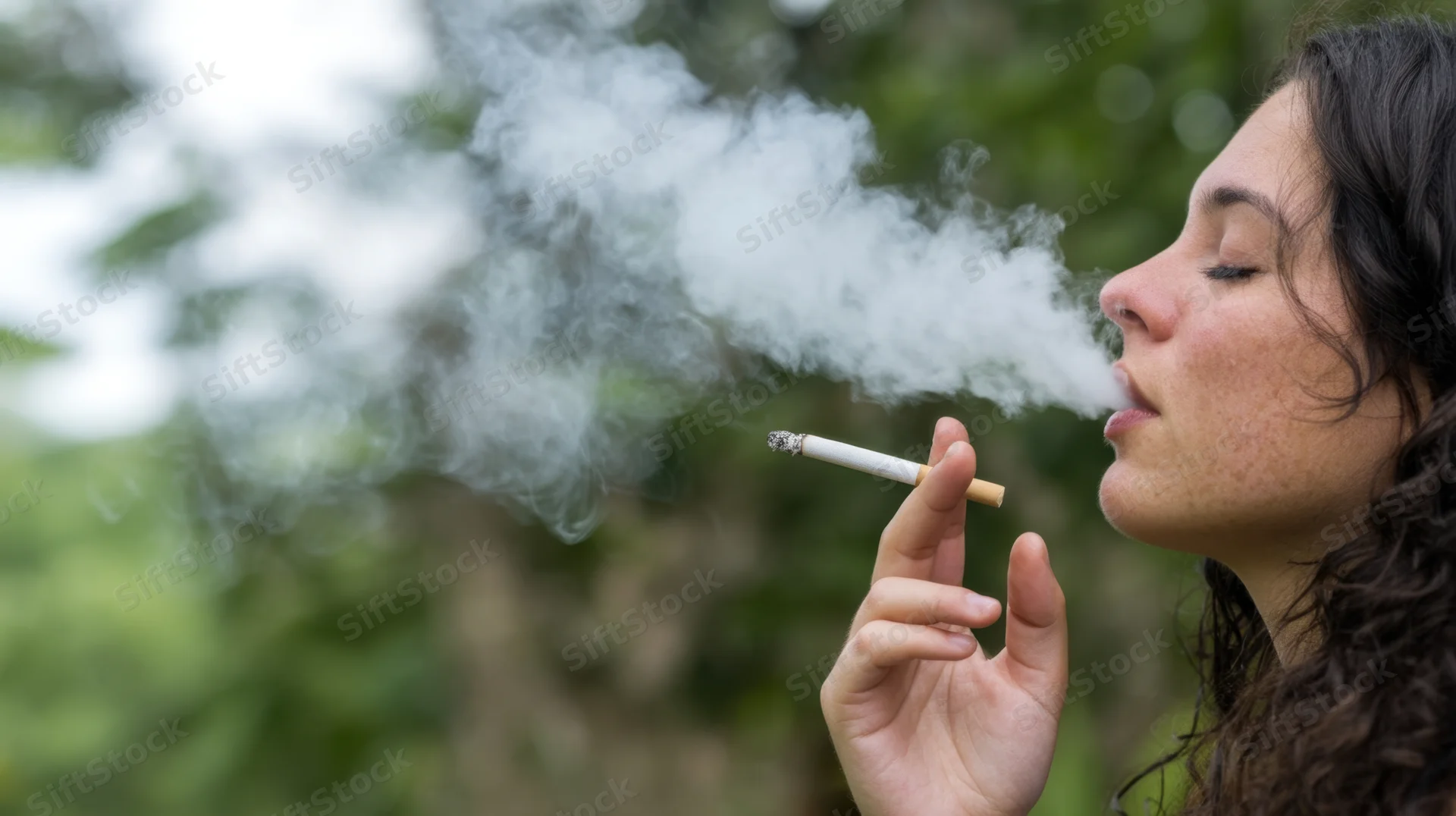 Woman in side profile exhaling smoke while holding a cigarette outdoors