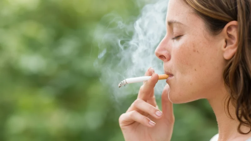 Woman in side profile smoking a cigarette outdoors with smoke rising