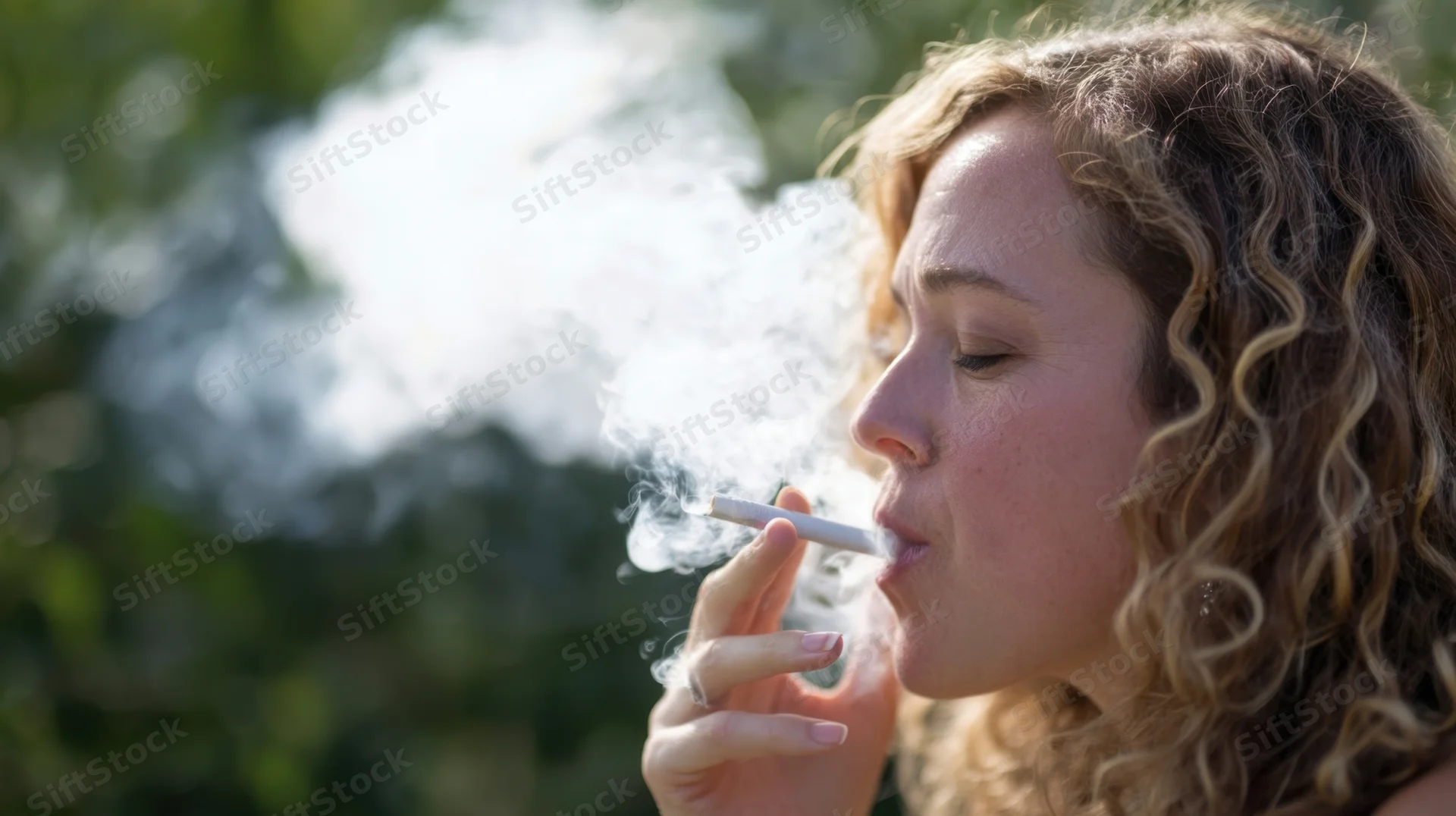 Woman in side profile smoking a cigarette outdoors with smoke rising