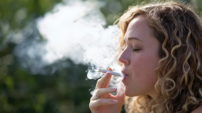 Woman in side profile smoking a cigarette outdoors with smoke rising