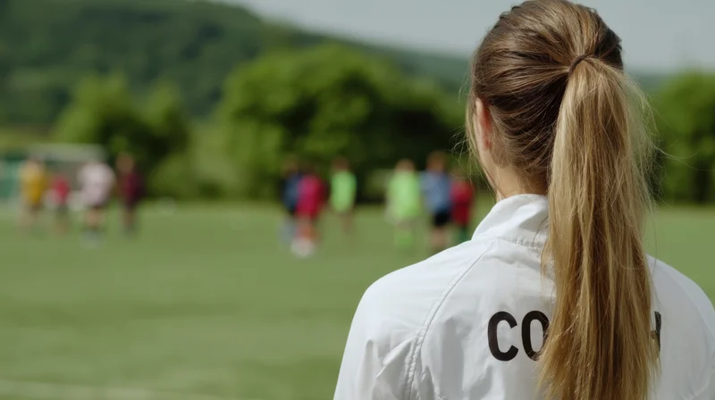 Woman coach in white jacket viewed from behind on grassy field with children playing in distance