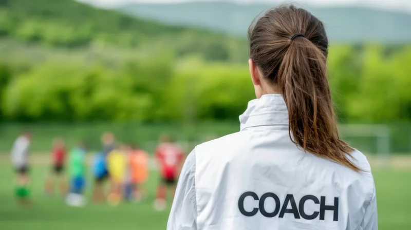 Woman in white coach jacket viewed from behind on soccer field with children in background