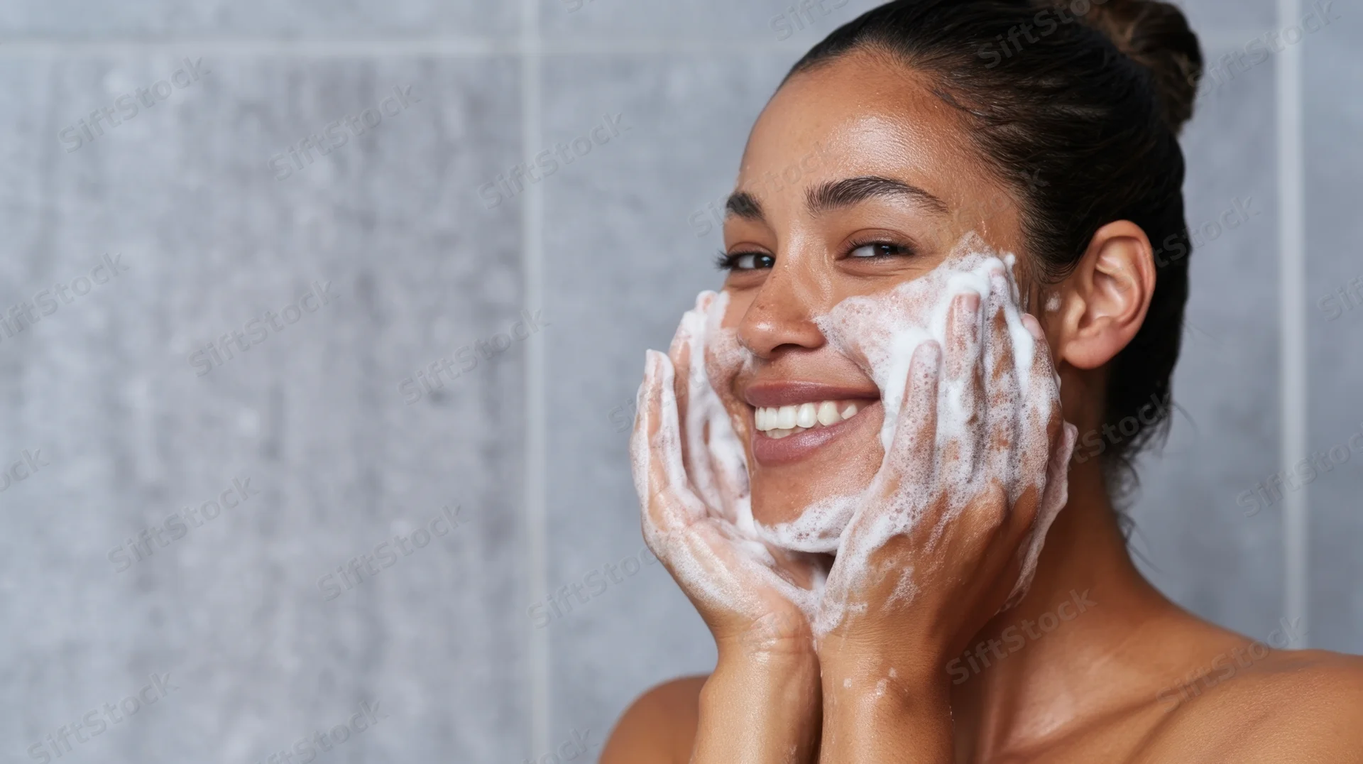 Woman smiling while washing her face with foamy cleanser using both hands in bathroom