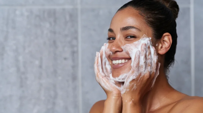 Woman smiling while washing her face with foamy cleanser using both hands in bathroom