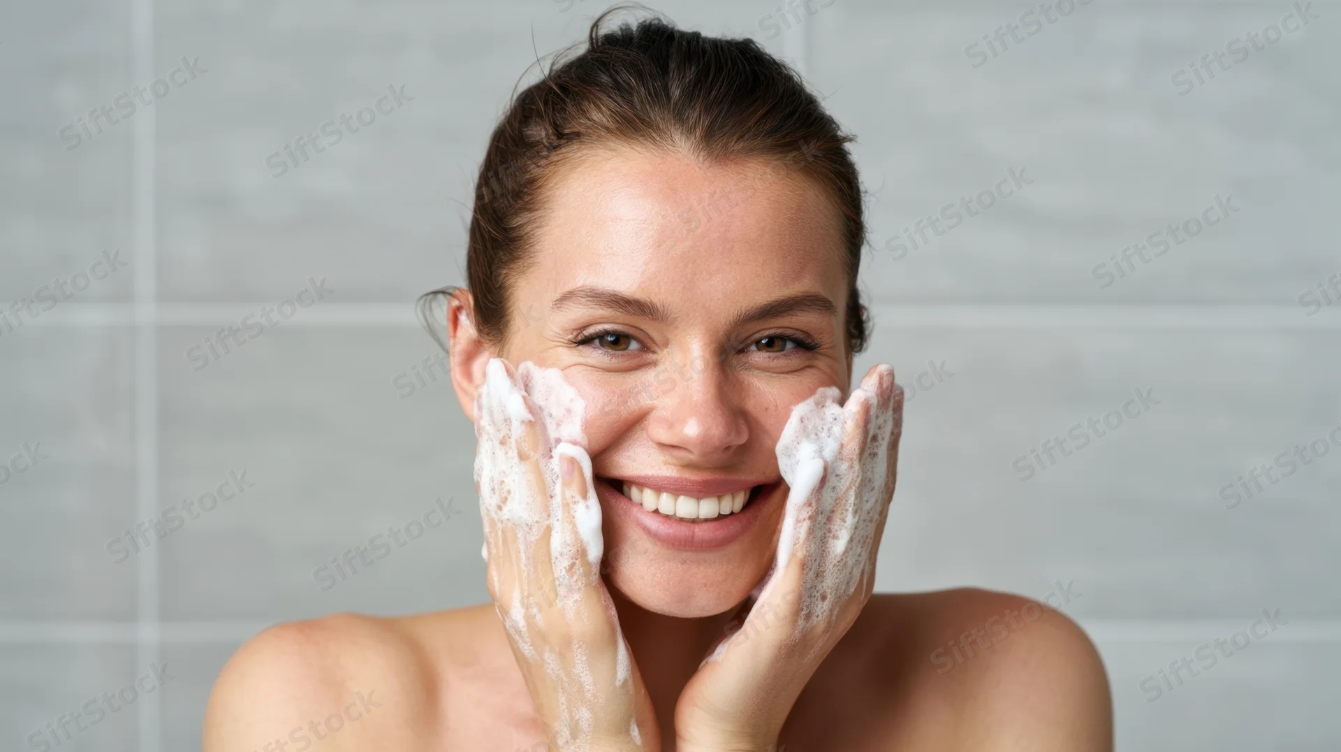 Woman smiling while washing her face with foamy cleanser in bathroom
