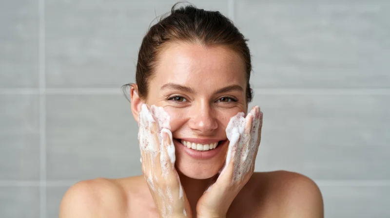 Woman smiling while washing her face with foamy cleanser in bathroom