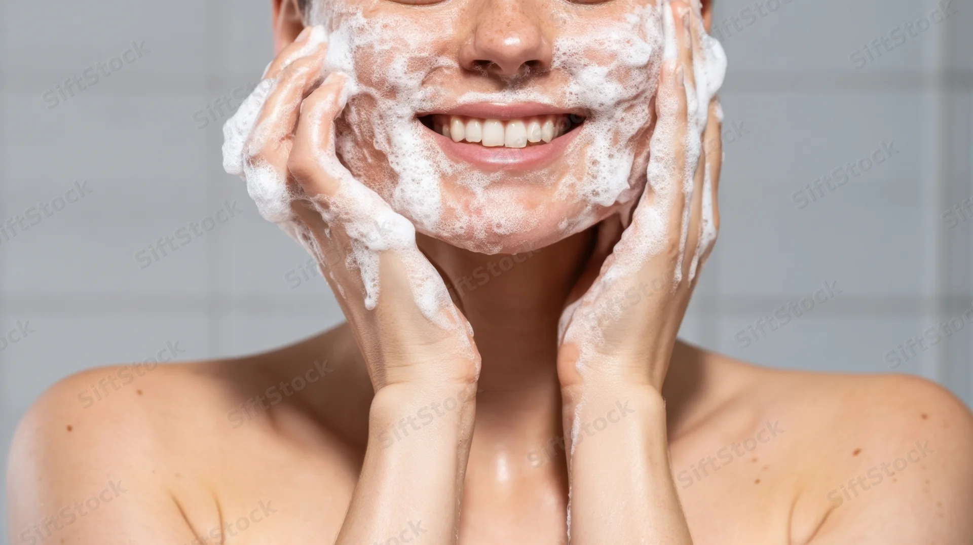 Woman washing her face with foamy cleanser using both hands in bathroom
