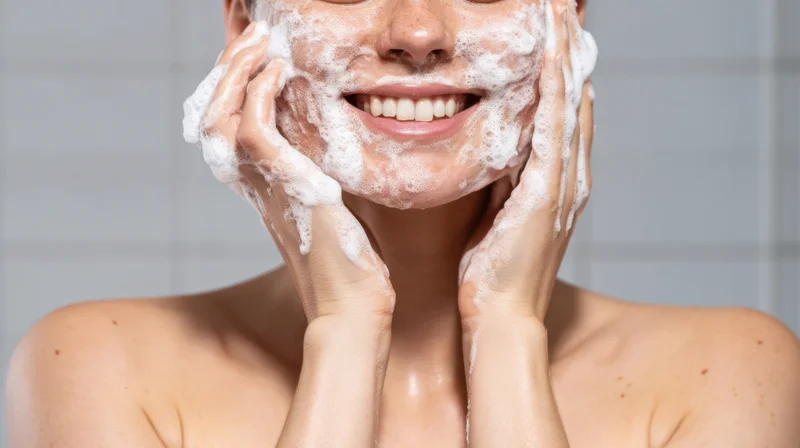 Woman washing her face with foamy cleanser using both hands in bathroom