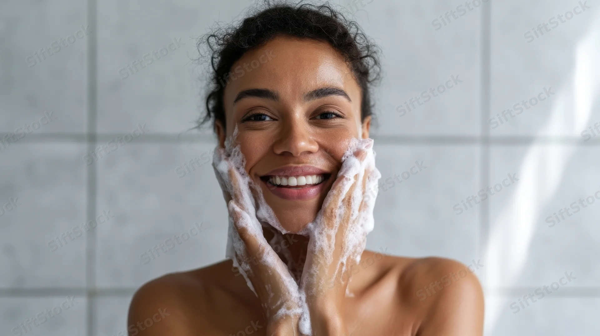 Woman smiling while washing her face with foamy cleanser in bathroom