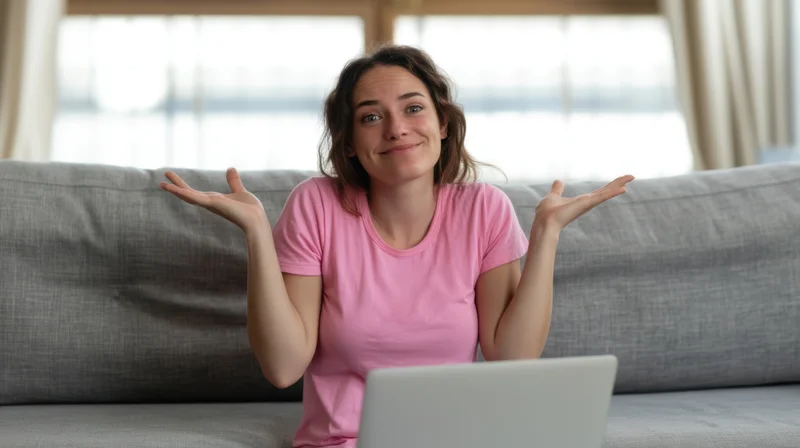 Woman shrugging with open palms while sitting on a couch in front of a laptop