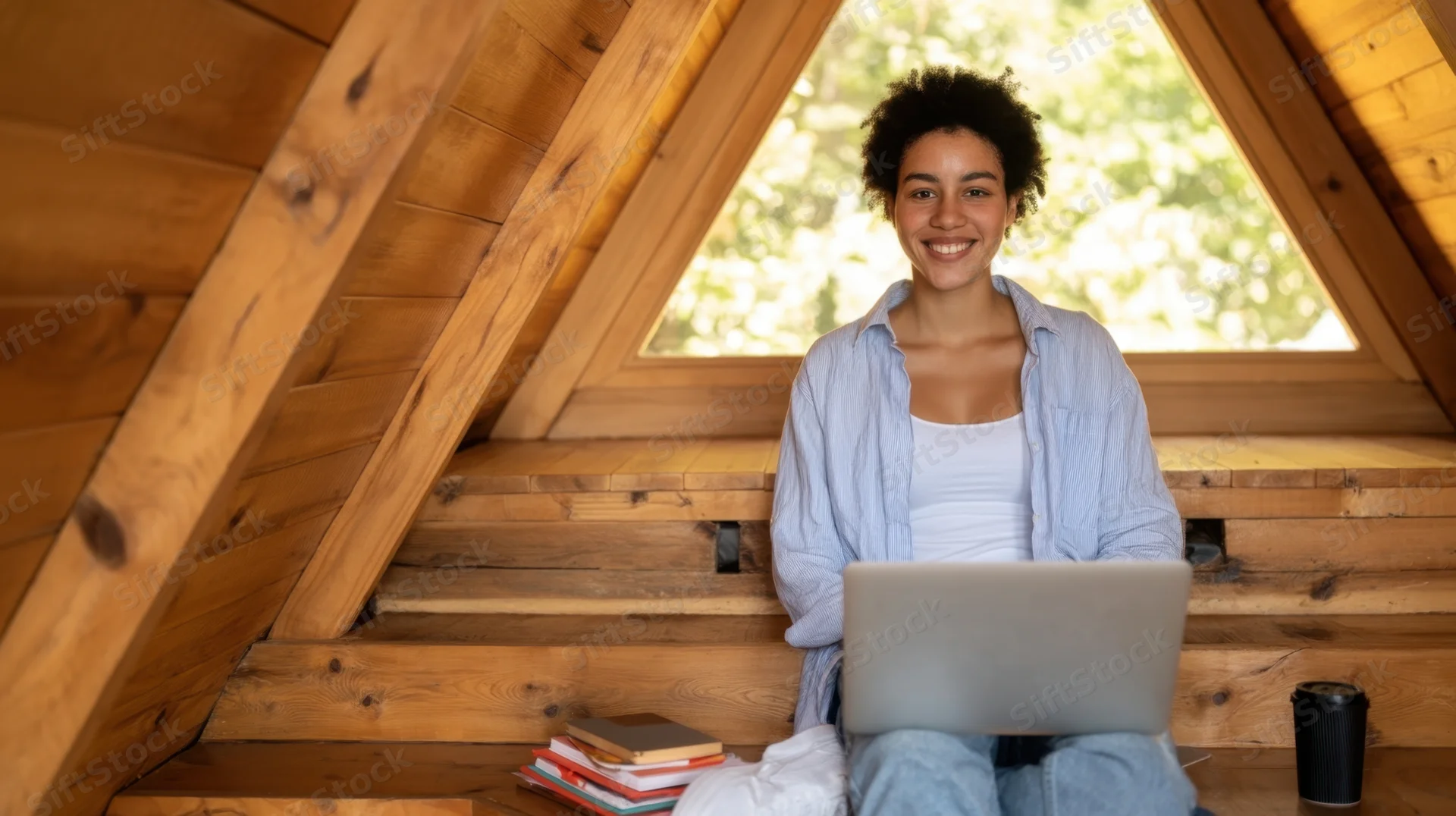 Young african american woman smiling with laptop on wooden attic steps surrounded by books and coffee cup