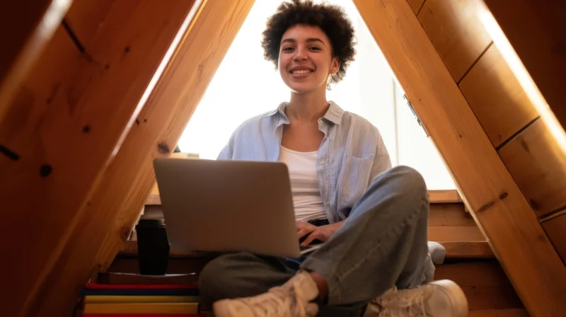 Young african american woman smiling while sitting with laptop in attic space