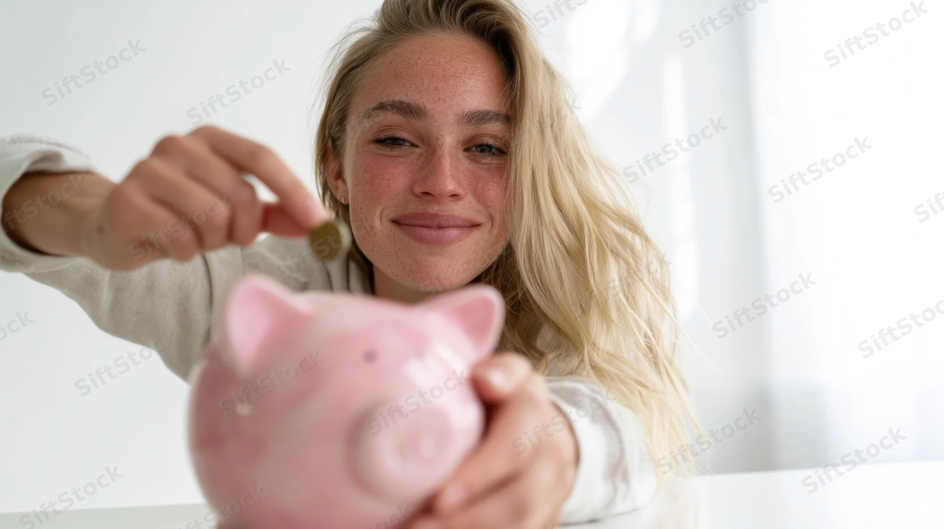Young blonde woman with freckles smiling and inserting a coin into a pink piggy bank at home