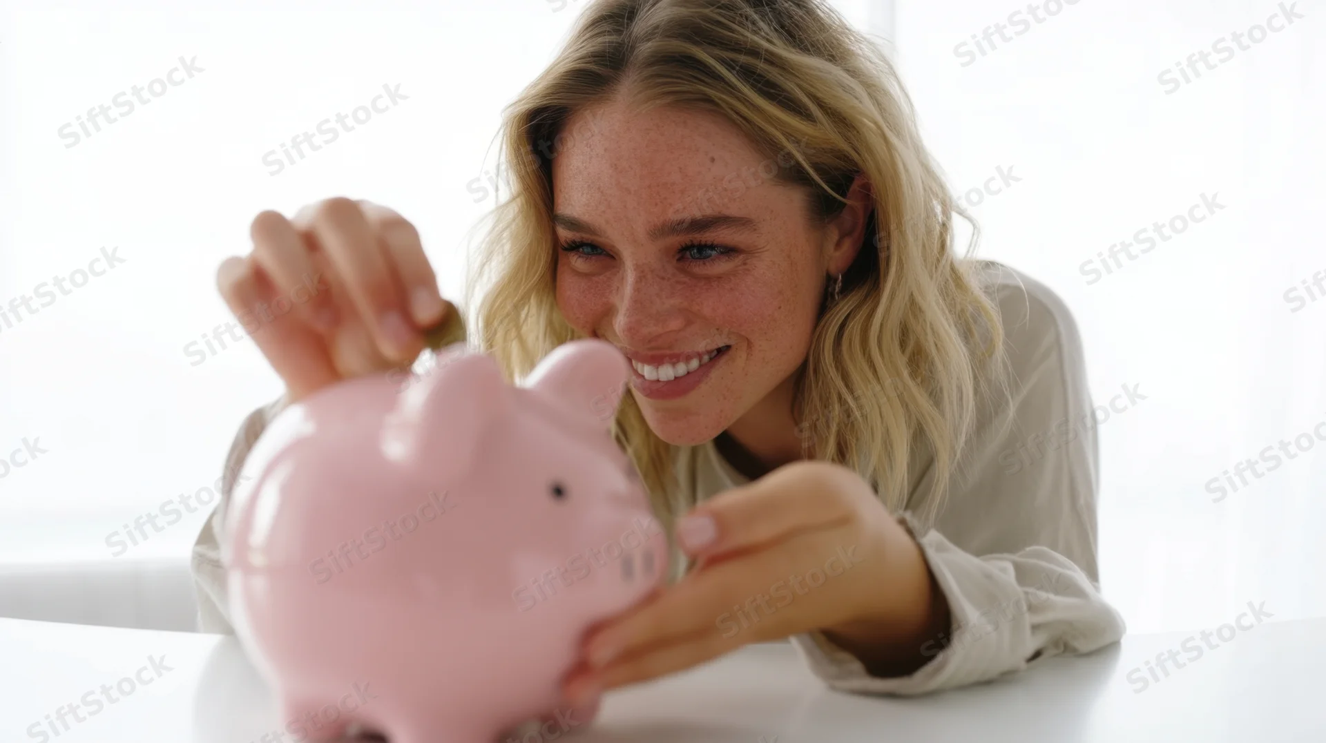 Young blonde woman with freckles smiling while inserting a coin into a pink piggybank on a white table