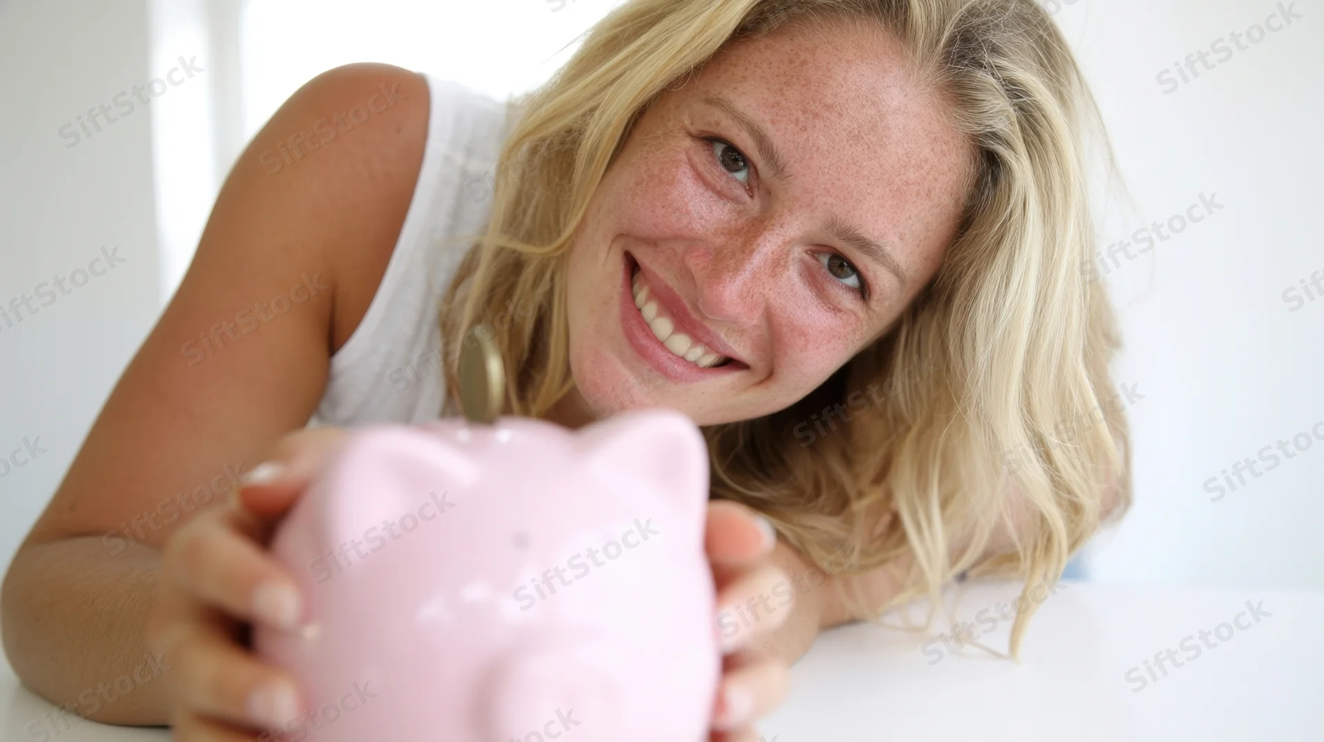 Young blonde woman with freckles smiling while inserting a coin into a pink piggybank on a white table