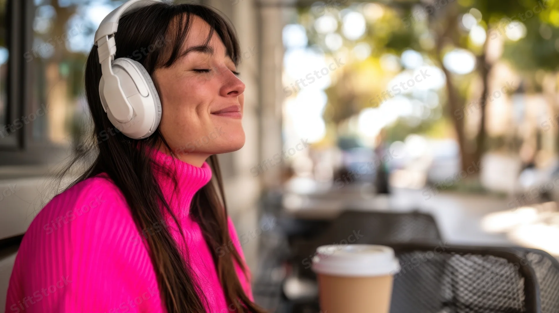 Woman wearing white headphones smiling with coffee cup on outdoor cafe patio