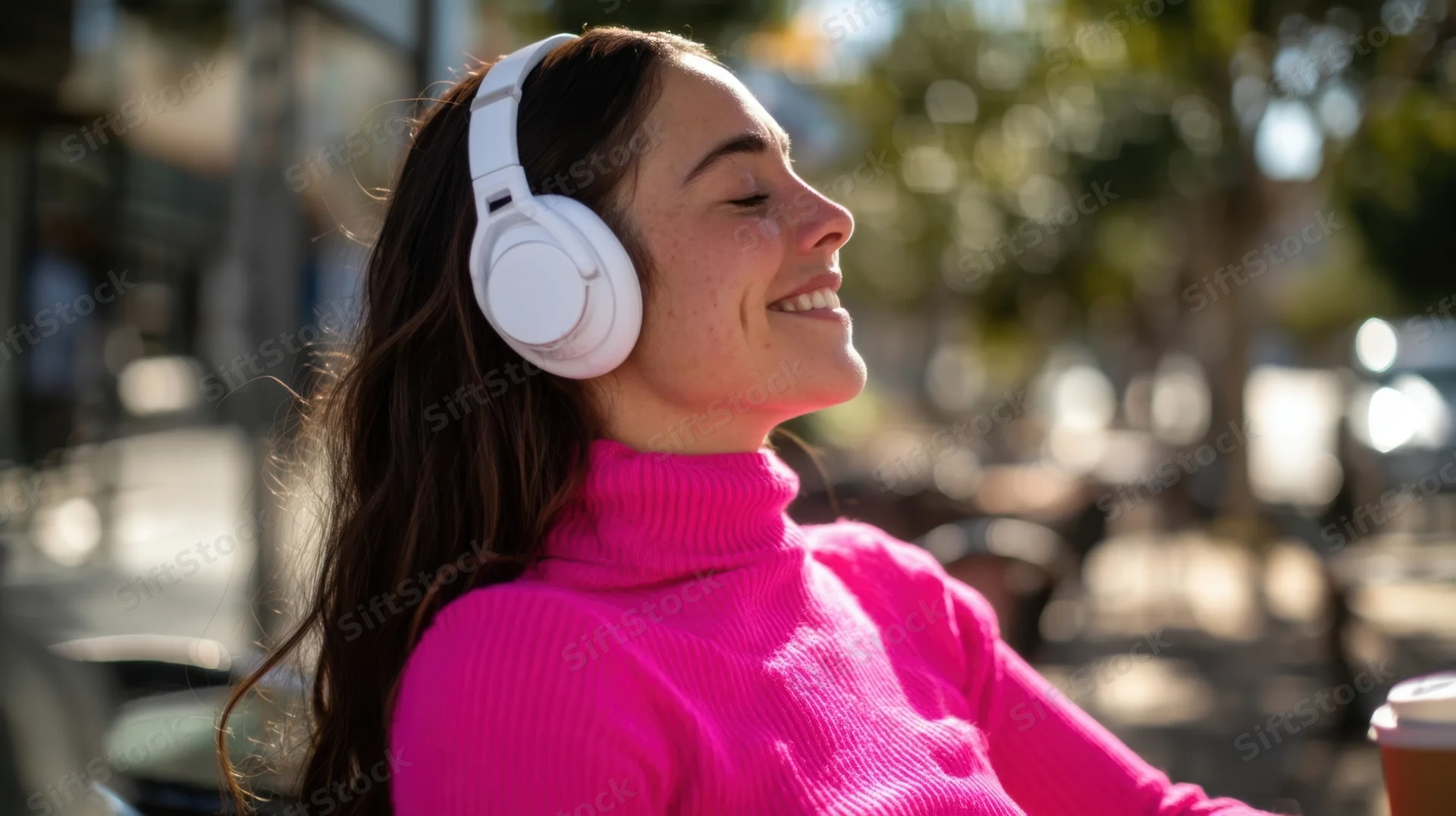 Young woman smiling with white headphones outdoors in sunlight wearing pink turtleneck