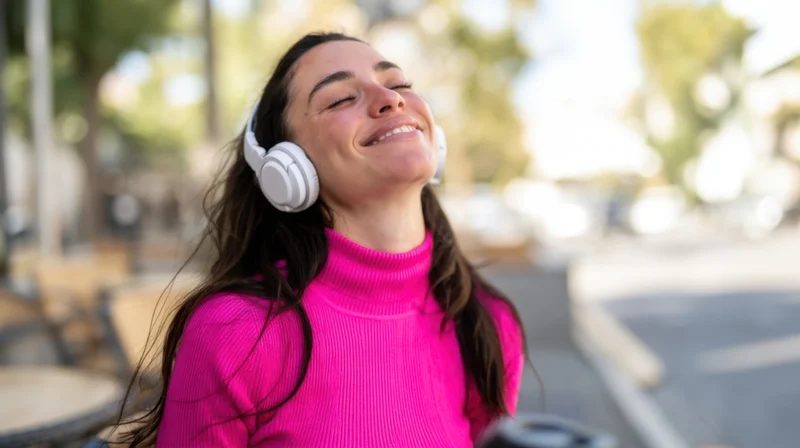 Young woman smiling with white over-ear headphones outdoors in a city setting