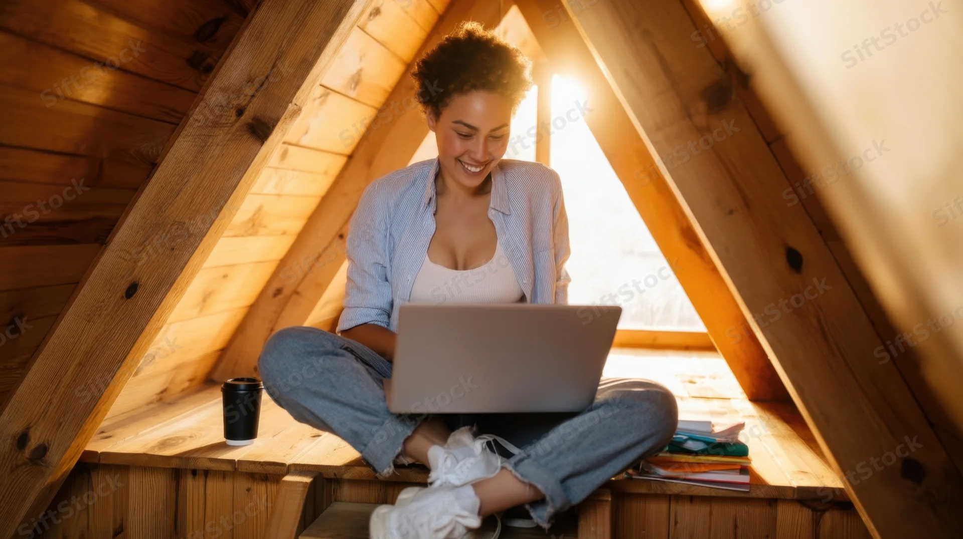 Woman smiling while using laptop on wooden attic floor near window