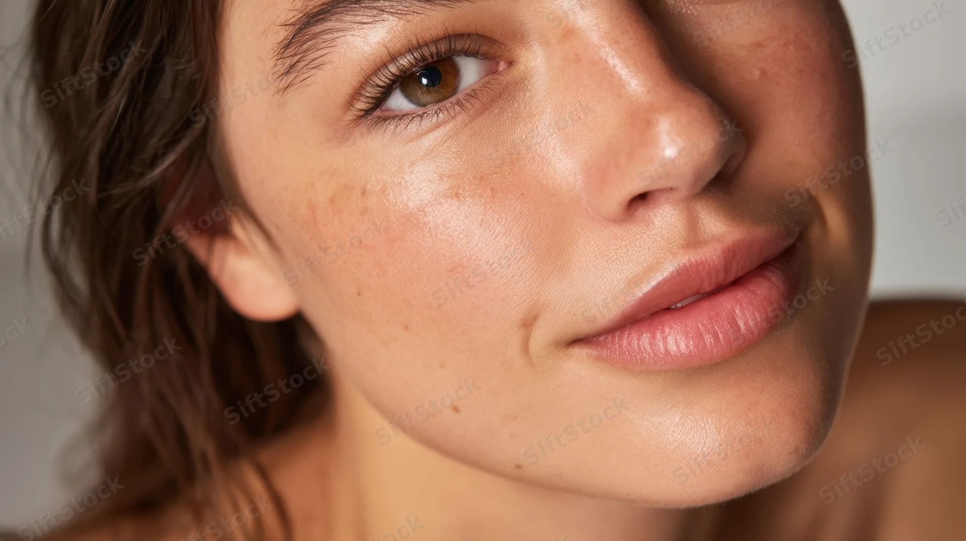Close-up of a young woman’s face showing natural skin with freckles and a healthy glow