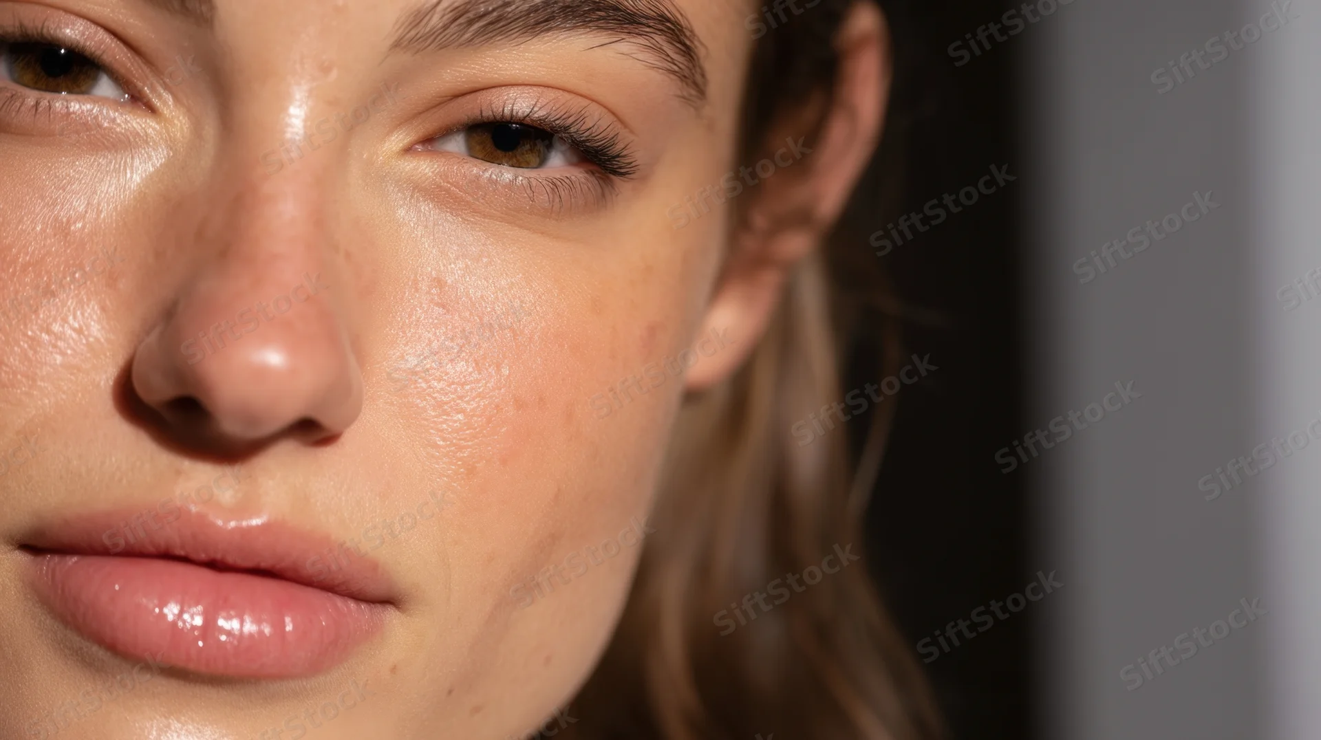 Close-up of a woman’s face showing natural skin texture and freckles with soft lighting