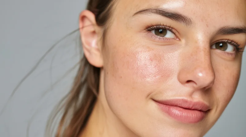 Close-up of a young woman’s face showing natural skin with freckles and a soft glow against a neutral gray background