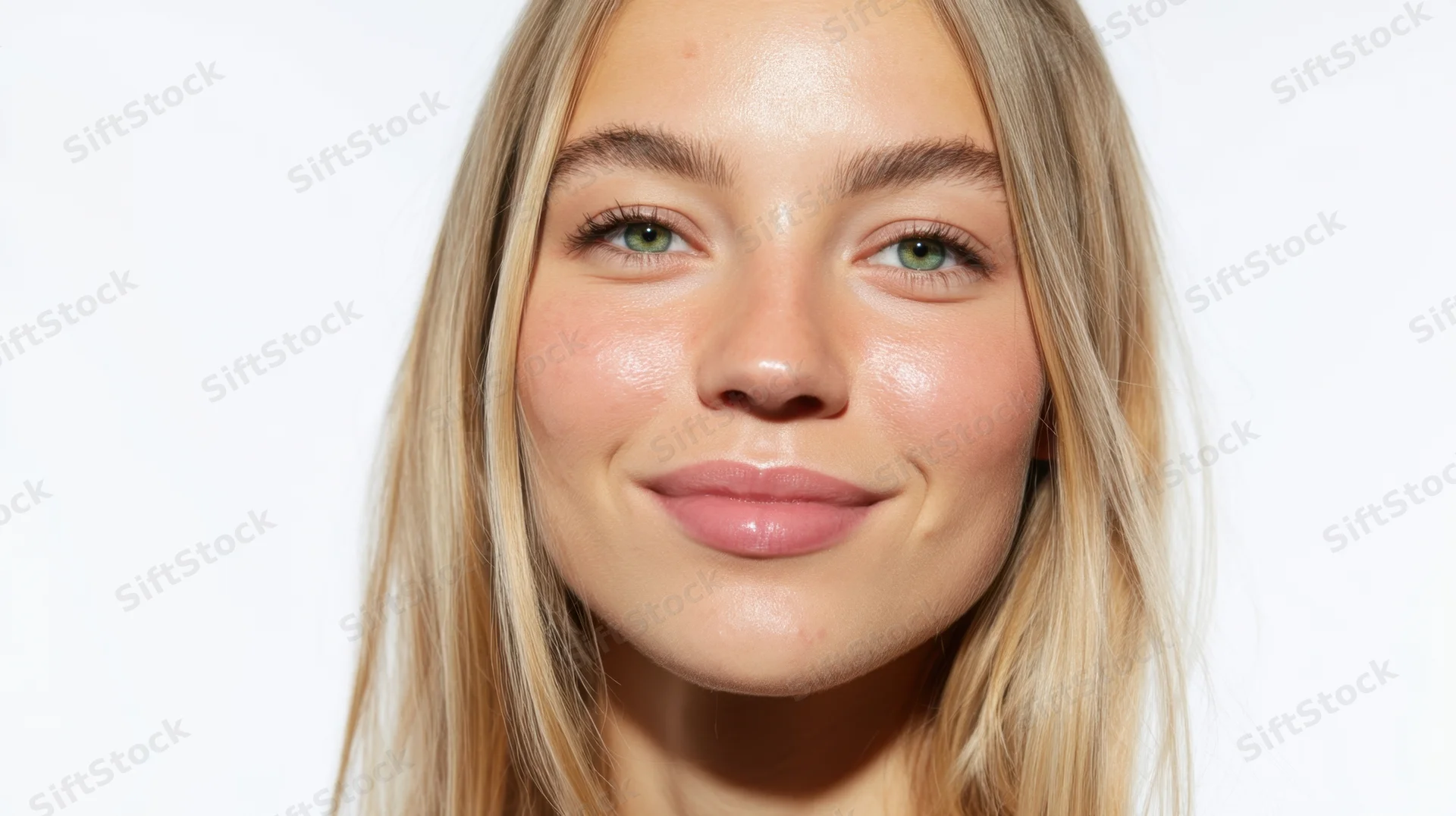 Close-up portrait of a smiling blonde woman with glowing skin against a white background