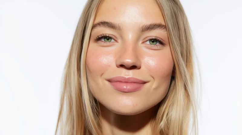 Close-up portrait of a smiling blonde woman with glowing skin against a white background