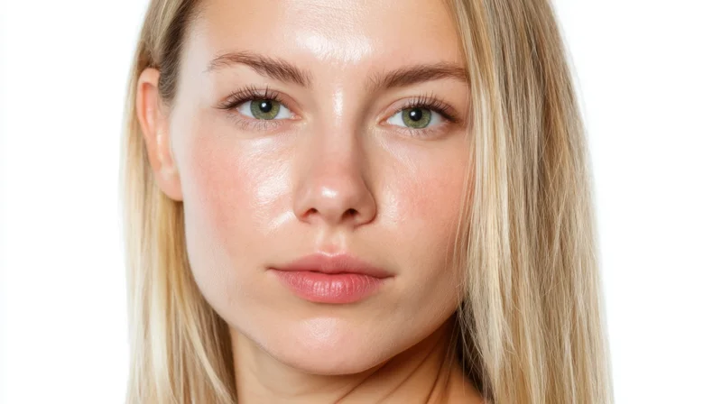 Close-up portrait of a young woman with smooth glowing skin and blonde hair against white background