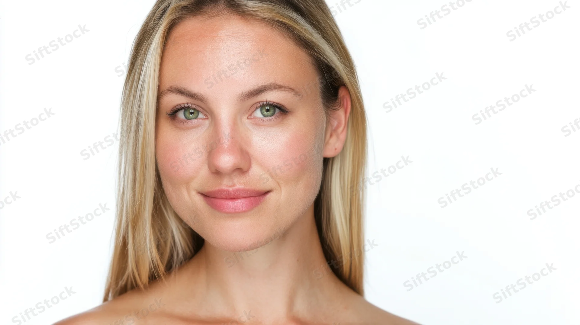 Close-up portrait of a smiling blonde woman with green eyes against a white background