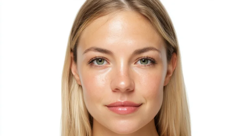 Close-up portrait of a woman with blonde hair and green eyes, showing clear skin against a white background