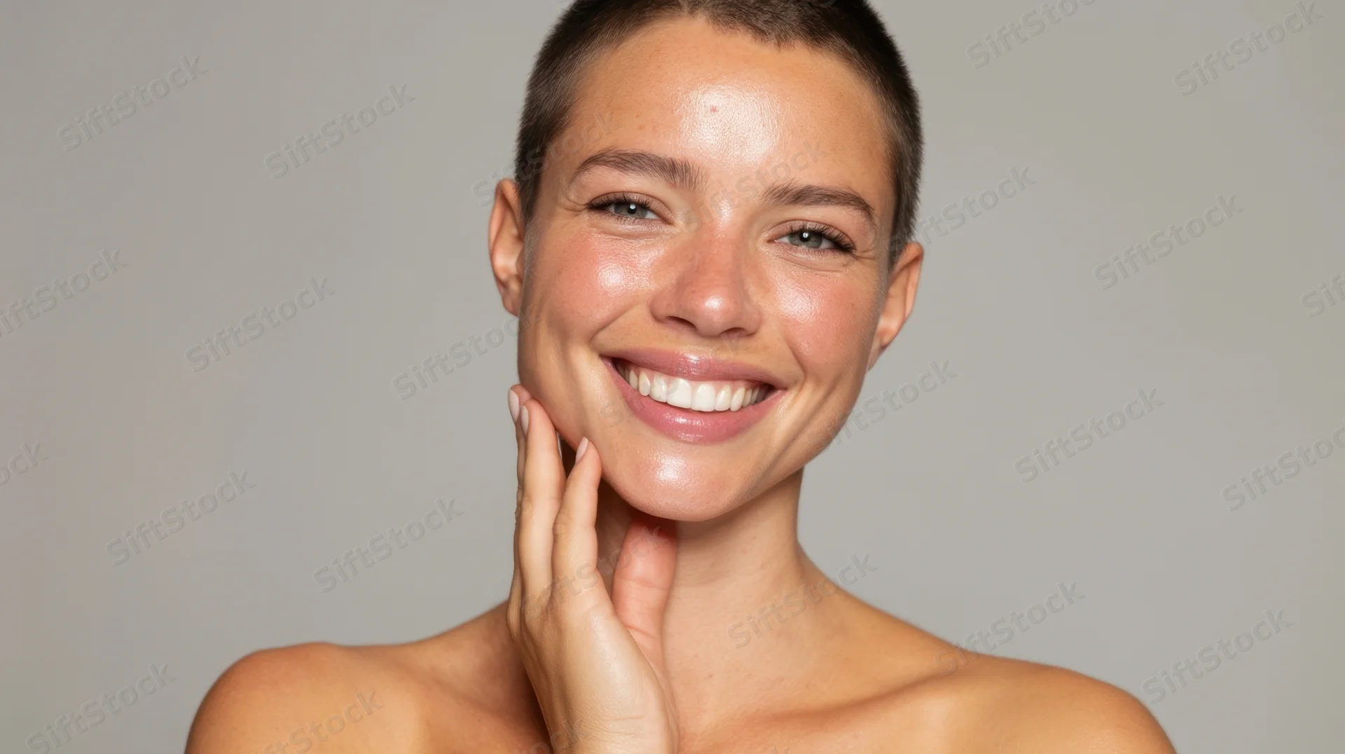 Smiling woman with short hair touching her face against a neutral background